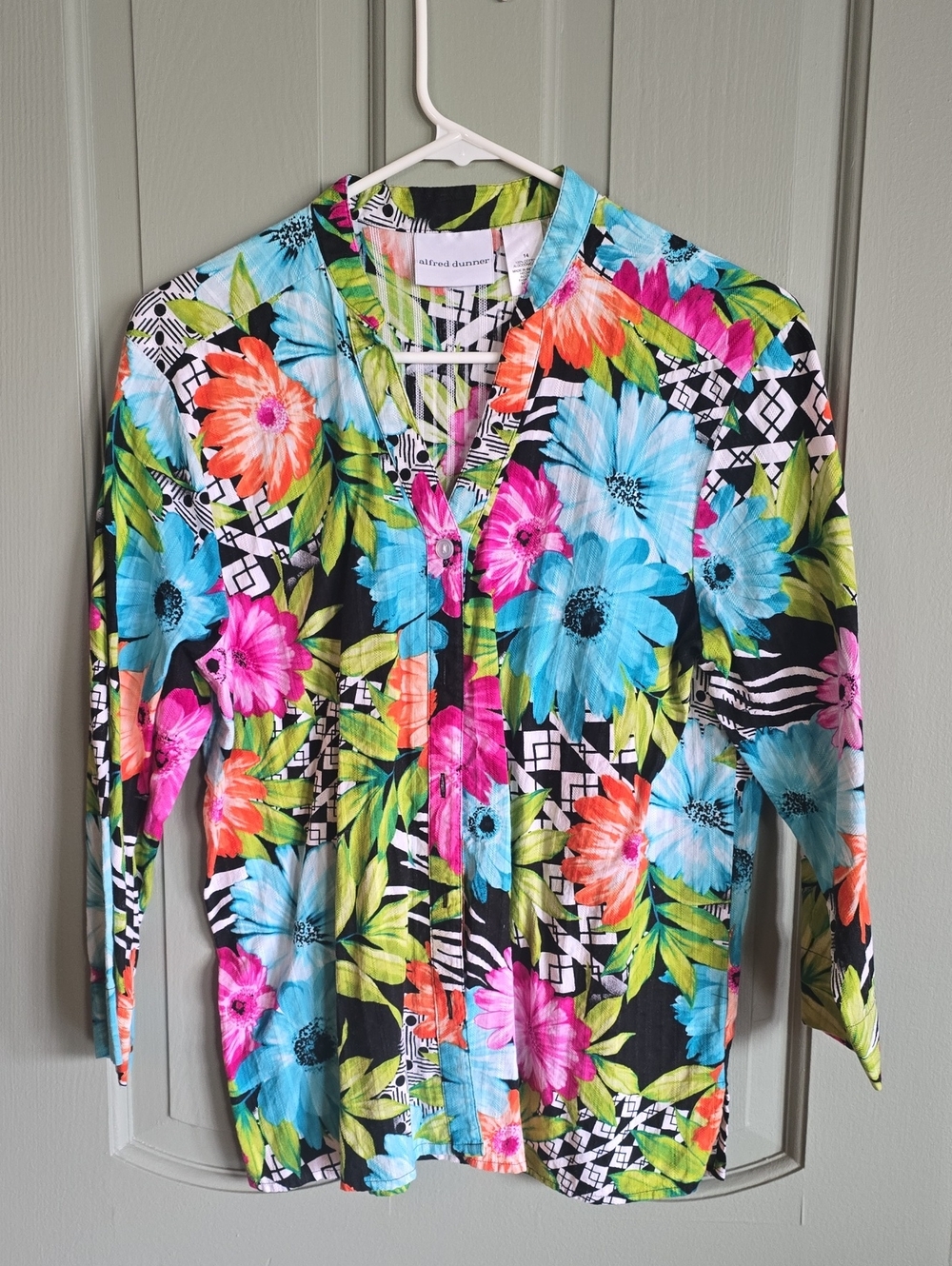 Alfred Dunner Bright Floral Button-Front Shirt in Blue, Pink, Orange and Green